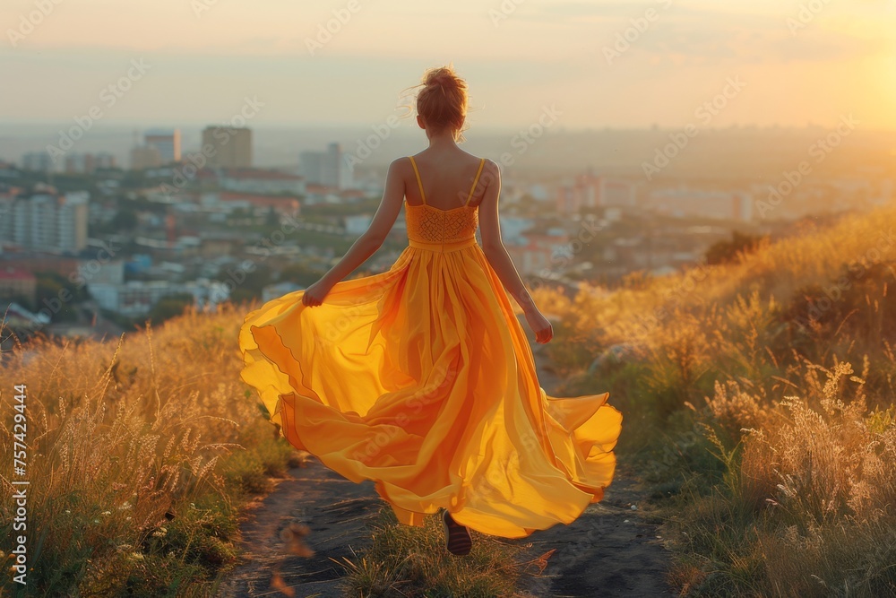 A girl in a bright yellow sundress runs along a black road against the background of a city landscape.