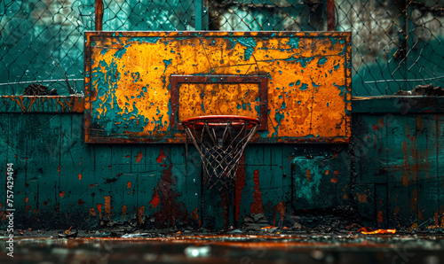 Old Basketball Hoop on Rusty Orange Wall, Abandoned Court photo