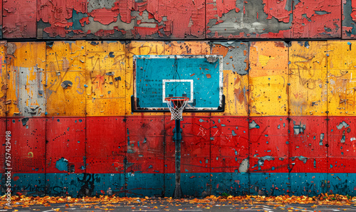 Worn Basketball Hoop Against Multicolored Graffiti Wall, Urban Autumn photo
