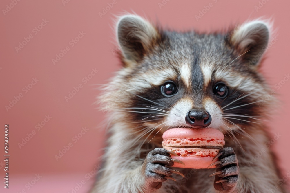 A raccoon eats a soft pink macaroon.
