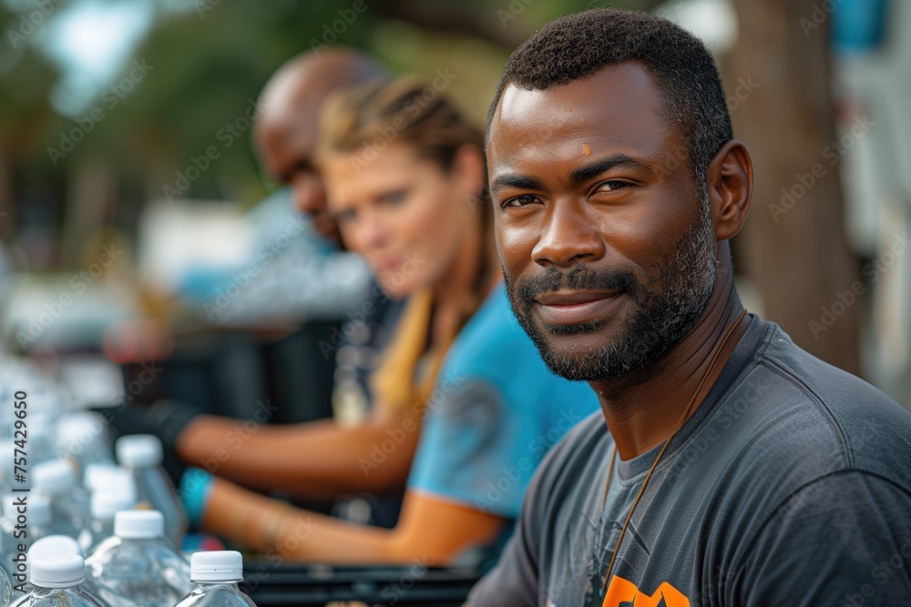 A smiling man with volunteers serving water at an outdoor hydration station A smiling man with volunteers serving water at an outdoor hydration station