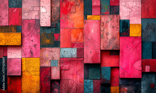 Textured Patchwork of Painted Wooden Panels in Red Tones photo