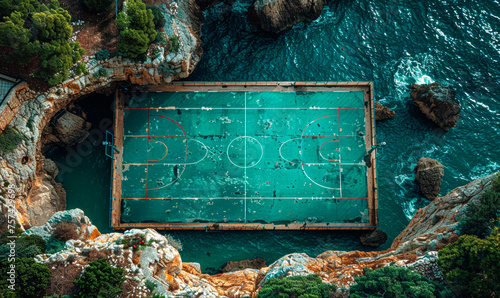 Cliffside Basketball Court Overlooking the Sea, Aerial Perspective