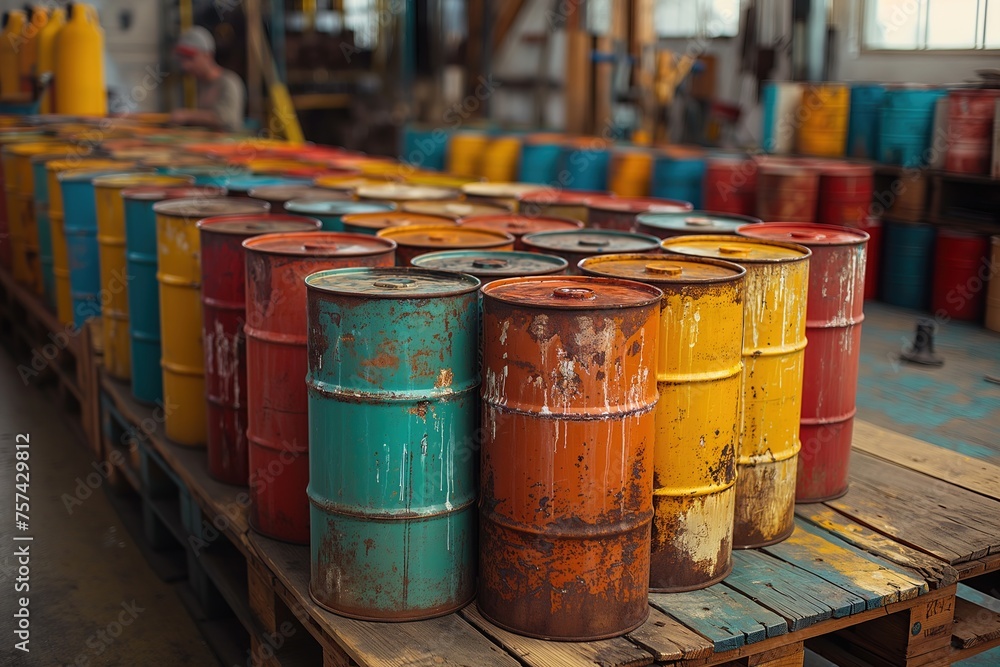Row of multicolored, weathered industrial oil drums in a warehouse, illustrating storage and industrial usage