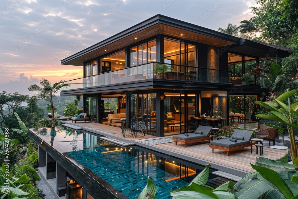 Concept of a modern Balinese glass villa with a swimming pool. View from a distance from above. Concept of a modern Balinese glass villa with a swimming pool. View from a distance from above.