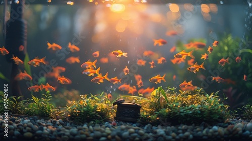 A fish tank glowing softly in a dim room, with the fish swimming calmly around, a small treasure chest decoration occasionally bubbling, creating a tranquil and serene atmosphere