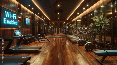 A fitness center with icons on the walls  allowing members to stream music or fitness classes on their devices while working out  adding to the convenience and enjoyment of their exercise routine