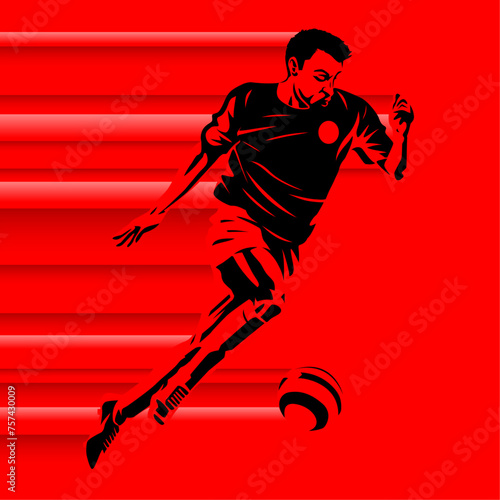 Football soccer player shadow dominating the ball running fast speed in red background