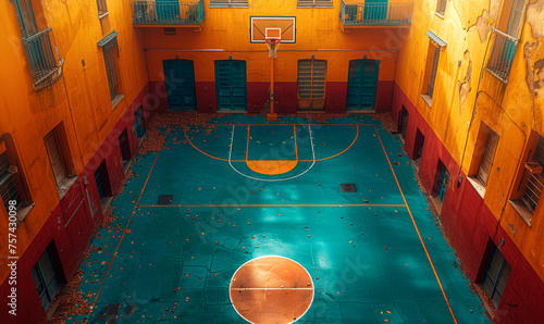 Enclosed Basketball Court with Orange Walls and Blue Floor, Urban Surroundings photo