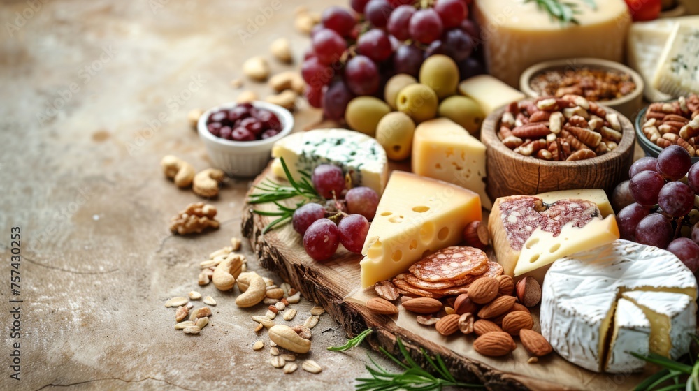 A gourmet cheese platter with a variety of cheeses, nuts, and grapes, arranged on the right side of a rustic wooden table, with a soft beige background for adding text on the left A gourmet cheese platter with a variety of cheeses, nuts, and grapes, arranged on the right side of a rustic wooden table, with a soft beige background for adding text on the left