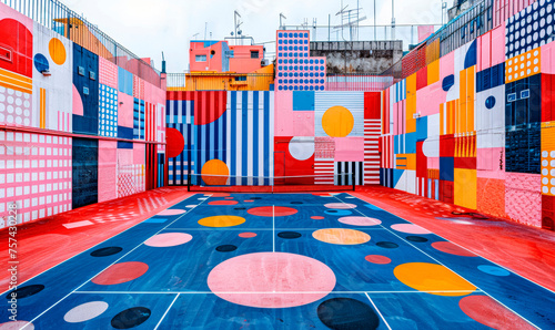  Colorful Pop Art Basketball Court with Geometric Shapes and Patterns photo