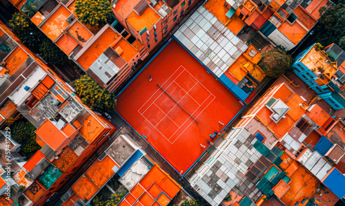 Aerial View of Vibrant Red Tennis Court in Colorful Urban Residential Area photo