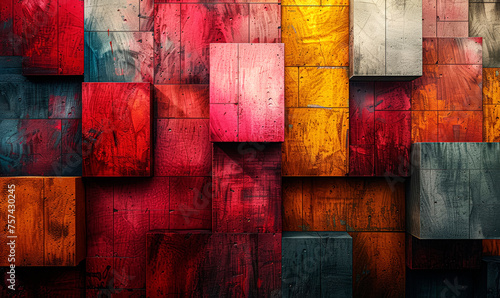 Abstract Red and Yellow Textured Blocks with a 3D Effect photo