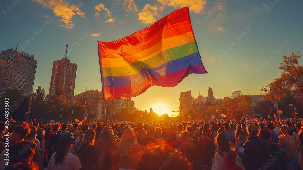 Waving LGBT flag against the background of the crowd