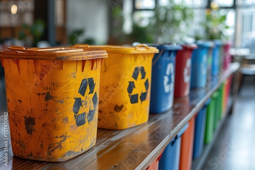 Colorful recycling bins stand in a row promoting environmental sustainability and waste sorting © Jelena