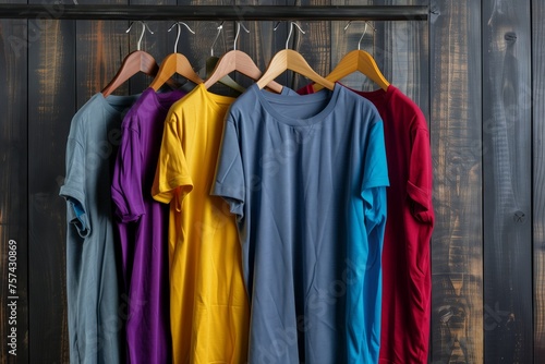 A display of fashionable Outerwear in a variety of colors like Purple, Magenta, and more. Includes Tshirts, formal wear, and onepiece garments on clothes hangers photo