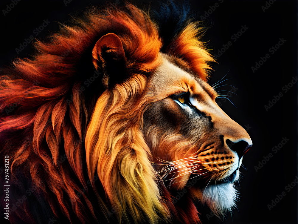 Naklejka premium The head of a lion in a multi-colored flame on a black background. Generative Ai