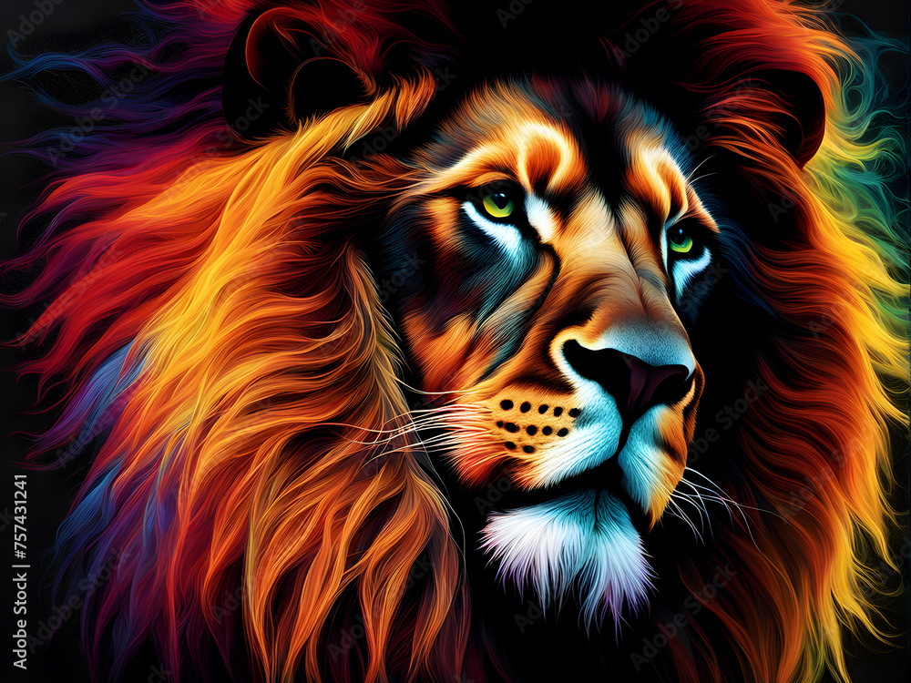 The head of a lion in a multi-colored flame on a black background. Generative Ai