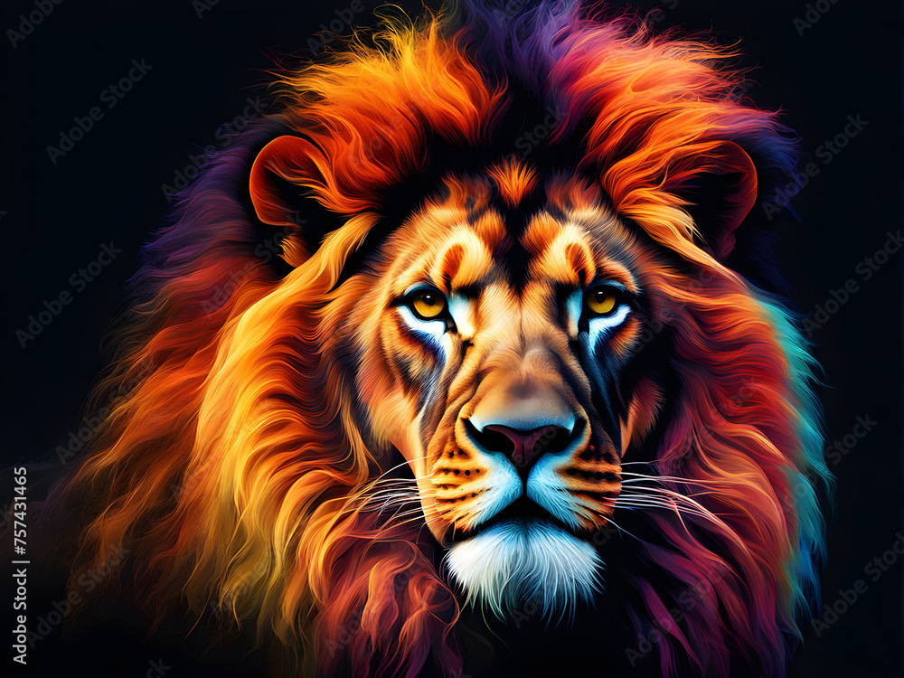 The head of a lion in a multi-colored flame on a black background. Generative Ai