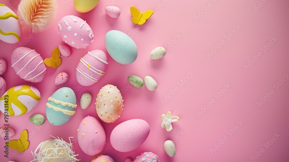 Easter composition with decorative eggs among paper butterflies and flowers against a soft blue backdrop