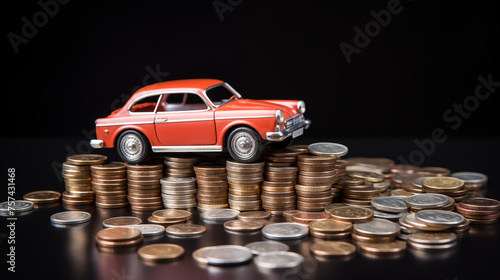 Car with coins, auto tax and financing, car insurance and car loans, concept of savings money on car purchase. Small red car on pile of coins