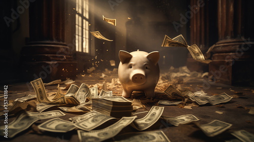Broken piggy bank and money. Money saving photo