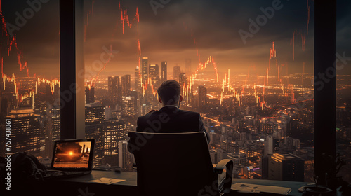 Business failure and unemployment problems from the economic crisis. Stressed businessman sits in panic digital stock market financial background. Stock market and global economic inflation recession photo