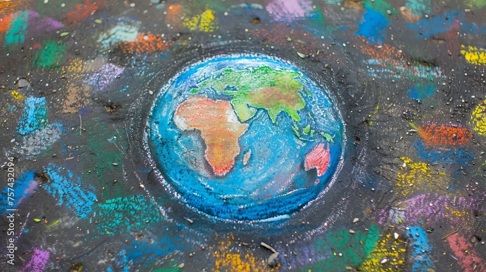 A heartwarming closeup of the Earth, artistically drawn with chalk on a street wall