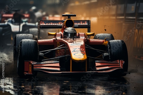 Red and yellow racing car maneuvers through wet streets with slick tires © JackDong