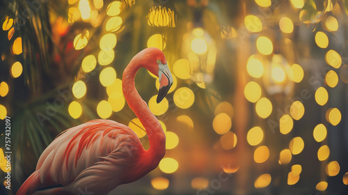 Flamingo isolado no fundo amarelo com luzes desfocadas - Papel de parede