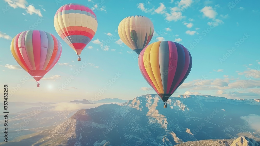Obraz premium A breathtaking view of vibrant hot-air balloons soaring over picturesque mountains