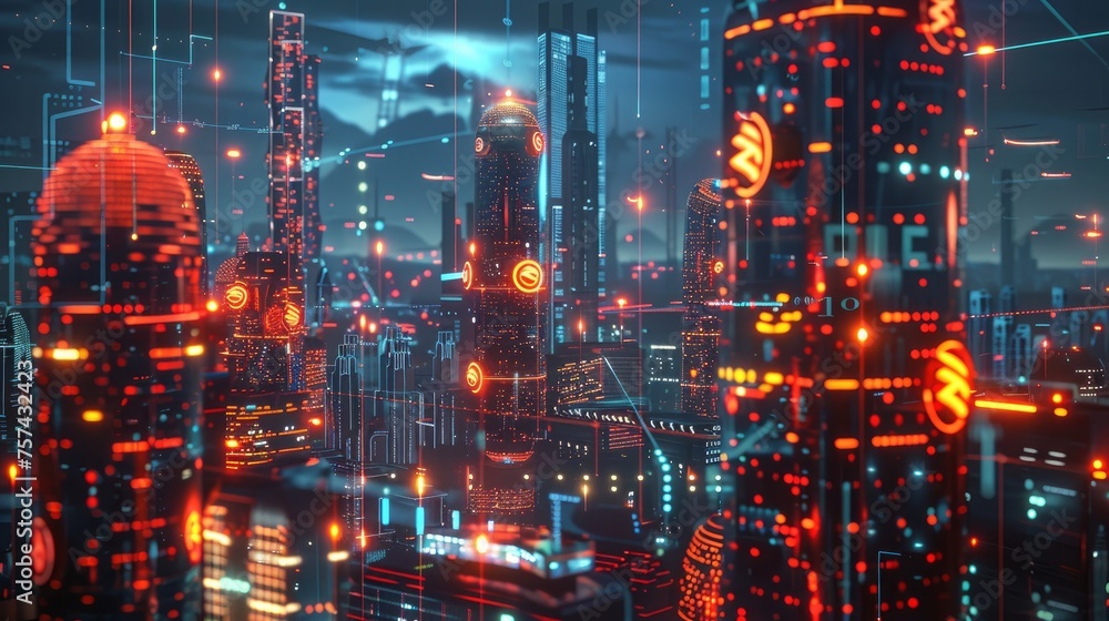 A futuristic 3D illustration depicting a digital city, embodying the pinnacle of global cyberspace and wireless internet technologies