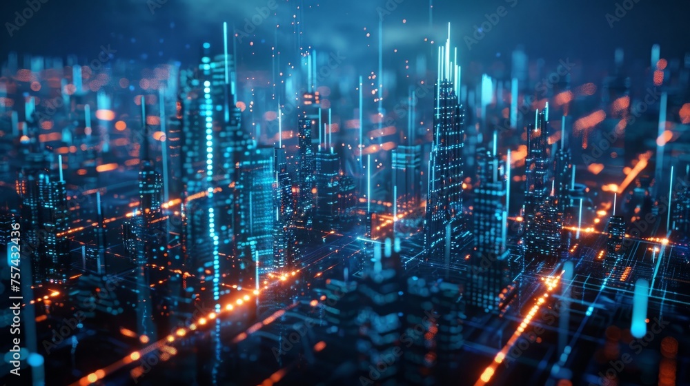 A futuristic 3D illustration depicting a digital city, embodying the pinnacle of global cyberspace and wireless internet technologies