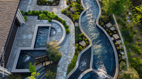 A stunning aerial view of a contemporary outdoor water feature  capturing its elegant design and serene ambiance