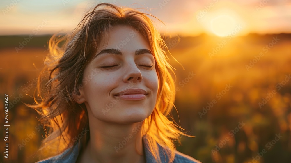 Backlit Portrait of calm happy smiling free woman with closed eyes enjoys a beautiful moment life on the fields at sunset Backlit Portrait of calm happy smiling free woman with closed eyes enjoys a beautiful moment life on the fields at sunset