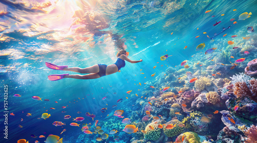 Underwater shot of woman snorkeling in coral reef. Snorkeling concept
