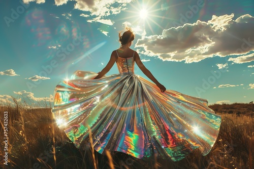 woman in a holographic full skirt dress with digital design, sunny day, old camera style photo