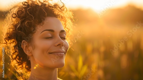 Backlit Portrait of calm happy smiling free woman with closed eyes enjoys a beautiful moment life on the fields at sunset