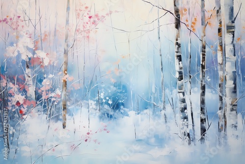 Dreamy acrylic painting depicting a serene winter forest scene with delicate pastel colors and birch trees © Nuchylee
