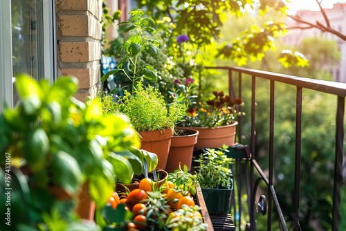Urban balcony garden with lush plants