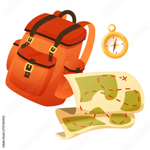 Expedition accessories, travel equipment, hiking backpack, map, compass. The concept of active recreation, summer camp in retro style. Trekking, hiking. Vector illustration on a white background.
