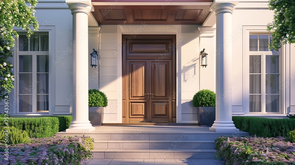 Main entrance door in house. Wooden front door with gabled porch and landing Main entrance door in house. Wooden front door with gabled porch and landing