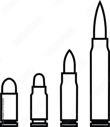 bullets set in vintage monochrome style. Design element for logo, label, sign, emblem, poster. suitable for UI designs, isolated on transparent background, Weapon ammo types and size in flat style.