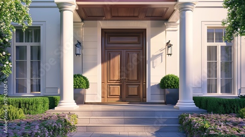 Main entrance door in house. Wooden front door with gabled porch and landing © vardan