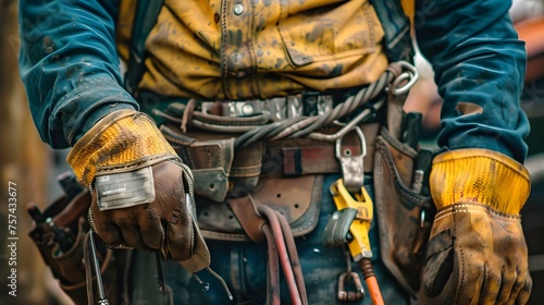 Celebrating the Power of Workers Focused Construction Workers Hands Showcasing Rugged Work Gloves and Tool Belt