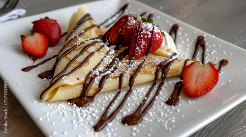 French Crpe Indulgence Strawberries and Chocolate Drizzle at a Fine Dining Restaurant photo