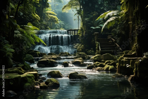 Waterfall in lush green forest with river flowing through