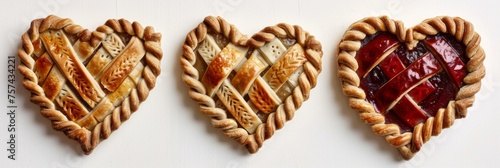 Three heart-shaped pies with lattice crust showing delicious baked fruit desserts