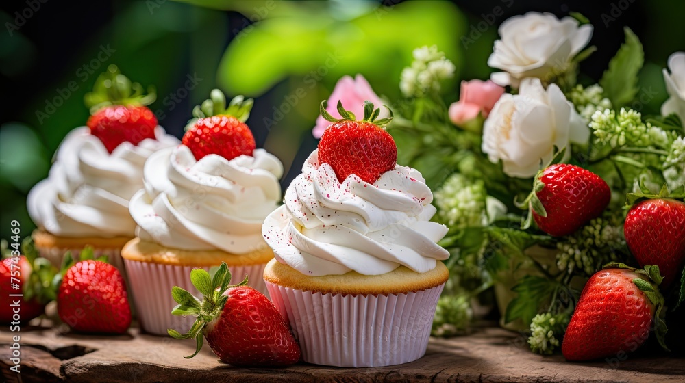 the perfect summer dessert with a close-up shot of strawberry cupcakes crowned with fluffy whipped cream and adorned with succulent strawberries the perfect summer dessert with a close-up shot of strawberry cupcakes crowned with fluffy whipped cream and adorned with succulent strawberries