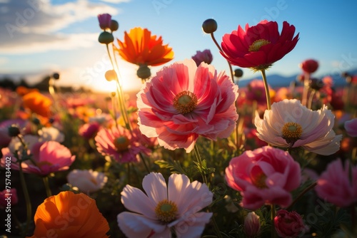 Beautiful meadow of flowers with a sunset backdrop